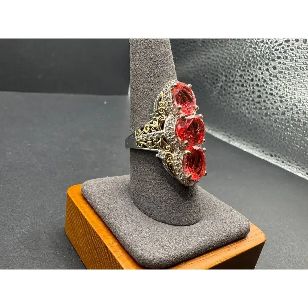 STS Chuck Clemency Sterling Silver 925 Two Tone Ruby 3 Stones Cocktail Ring Sz 9